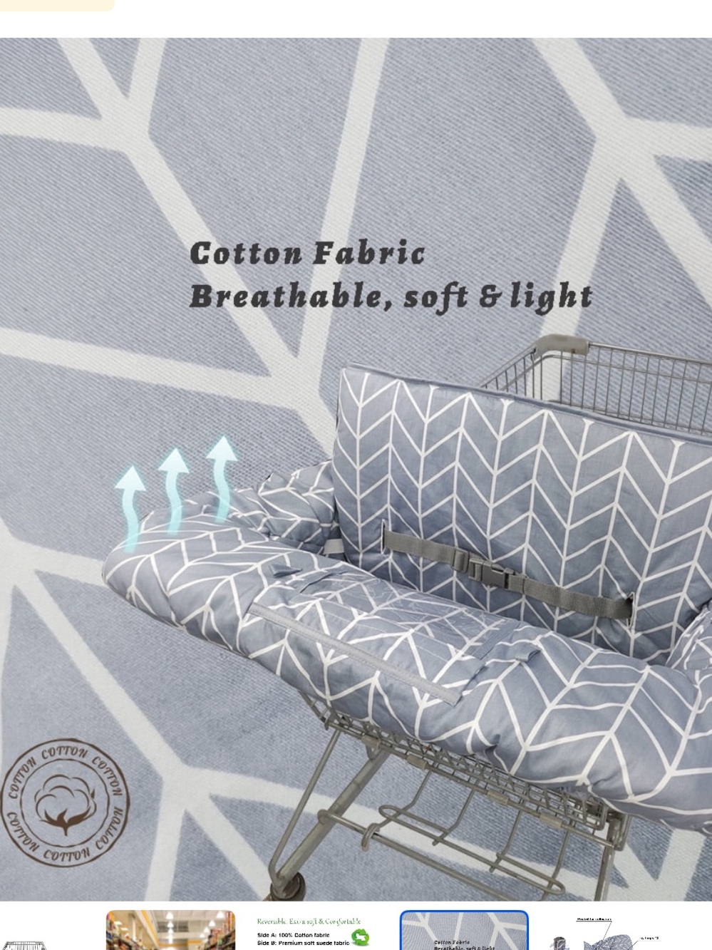 Grey Cotton Shopping Cart Cushion with White Herringbone Pattern